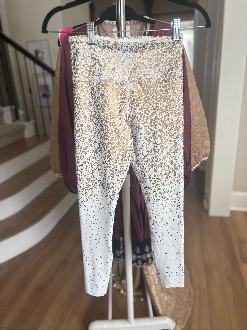 ZYIA White Leggings with Gold Speckle Print